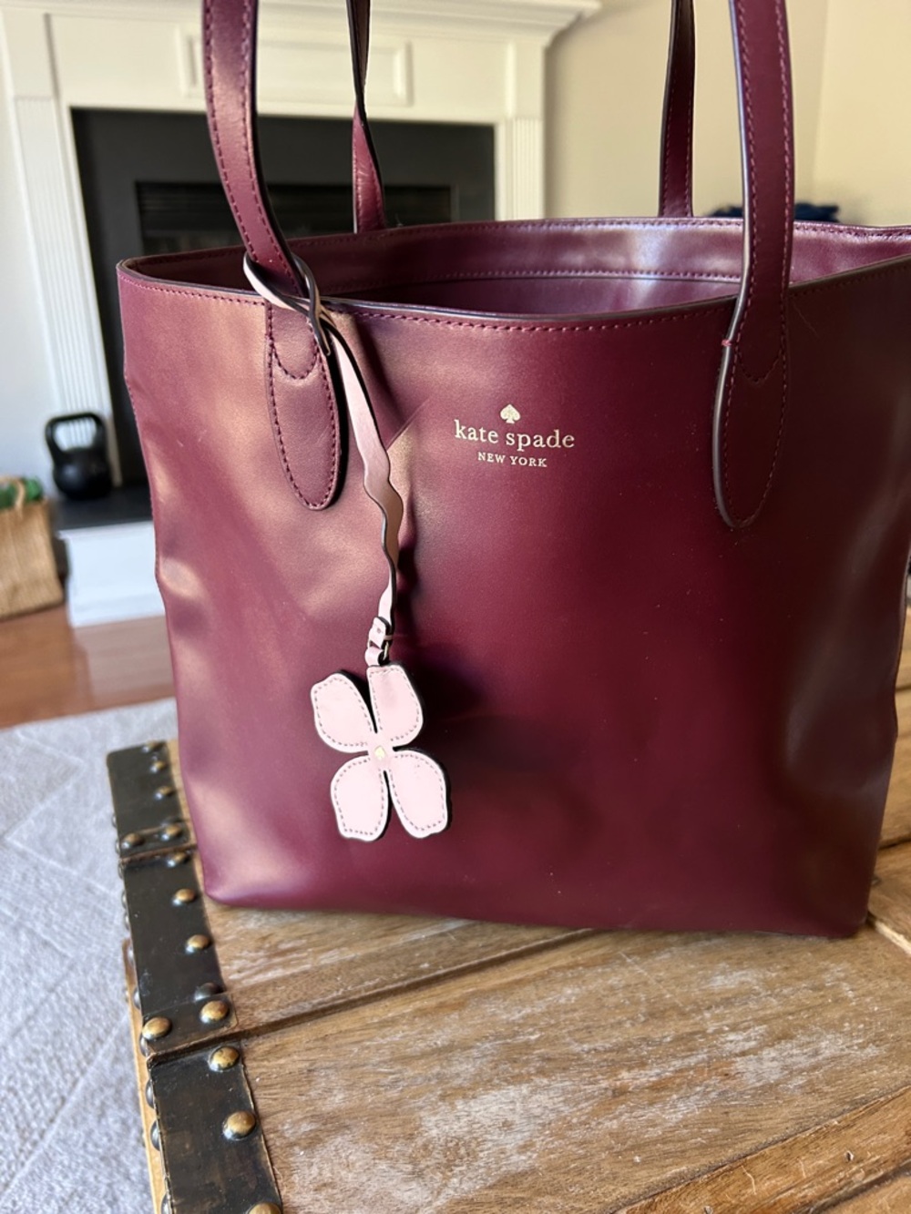 kate spade Burgundy Leather Tote with Pink Flower Charm
